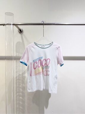CHANEL White Tee with Pink Sleeves and Blue Trim